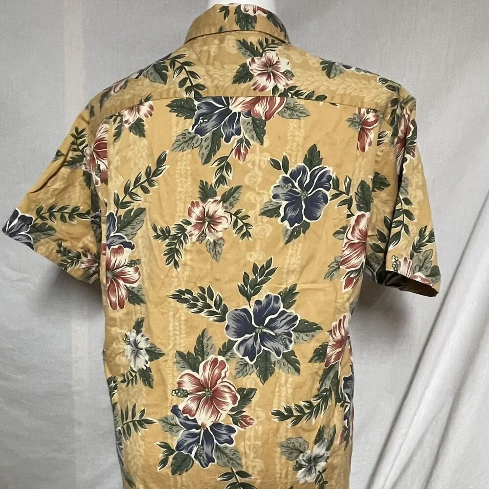 An Original by Tommy Hilfiger Mens Mustard Hawaiian Shirt Floral Hibiscus Large